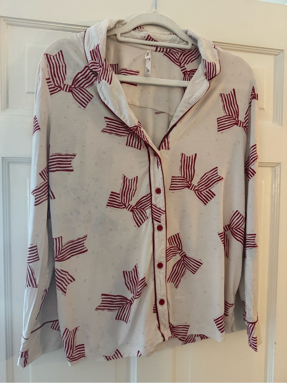 Soma Cool Nights Casual Cream Button-Front Top with Red Bow Print set
